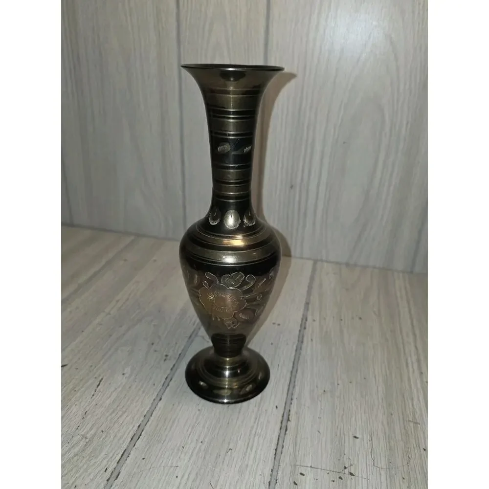 Antique Vtg Brass Hand Etched Engraved Vase Floral India Hollywood Regency 10
